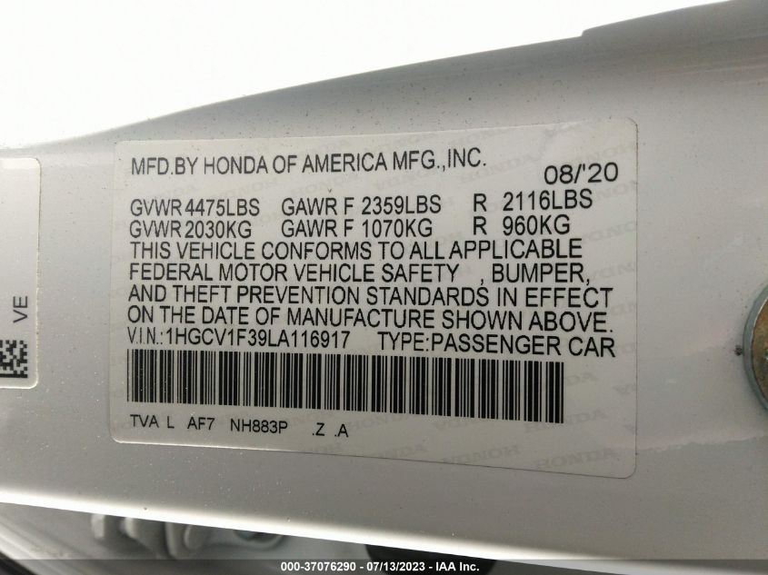 2020 HONDA ACCORD SEDAN SPORT - 1HGCV1F39LA116917