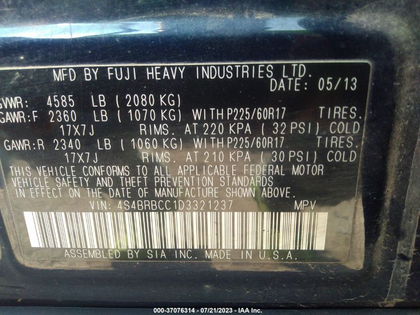 2013 SUBARU OUTBACK 2.5I PREMIUM - 4S4BRBCC1D3321237