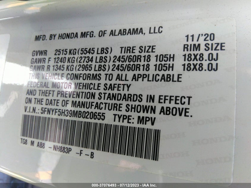 VIN 5FNYF5H39MB020655 2021 HONDA PILOT EX