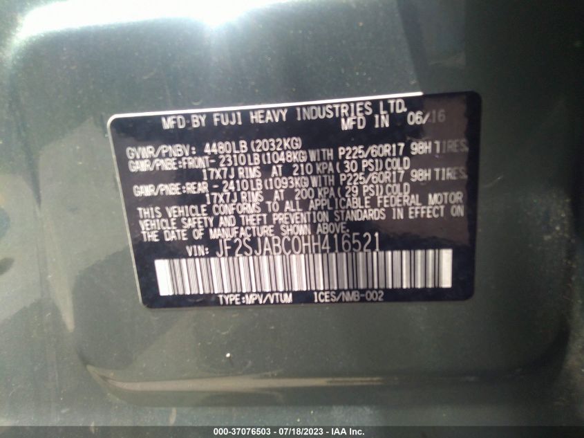 2017 SUBARU FORESTER - JF2SJABC0HH416521