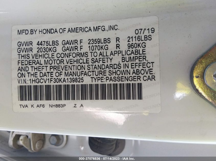 2019 HONDA ACCORD SEDAN SPORT 1.5T - 1HGCV1F30KA139825
