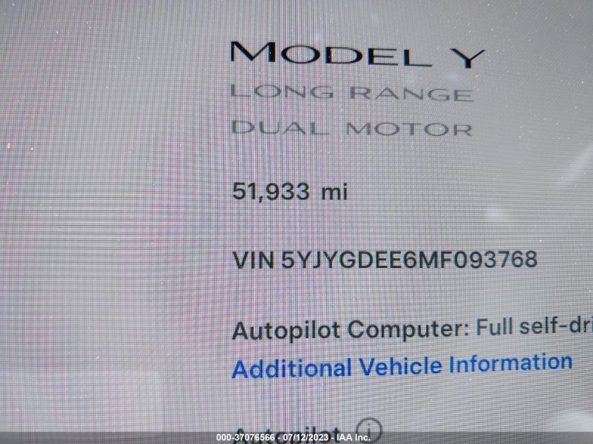 2021 TESLA MODEL Y LONG RANGE - 5YJYGDEE6MF093768