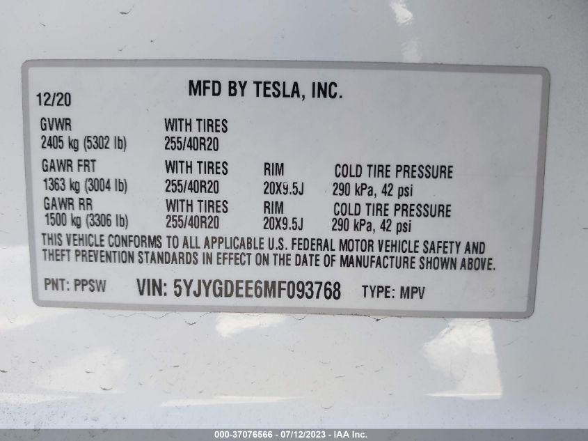 2021 TESLA MODEL Y LONG RANGE - 5YJYGDEE6MF093768