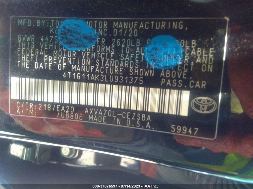2020 TOYOTA CAMRY SE - 4T1G11AK3LU931375