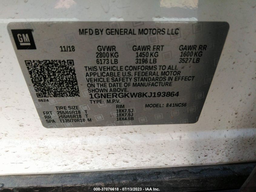 2019 CHEVROLET TRAVERSE LT CLOTH - 1GNERGKW8KJ193864