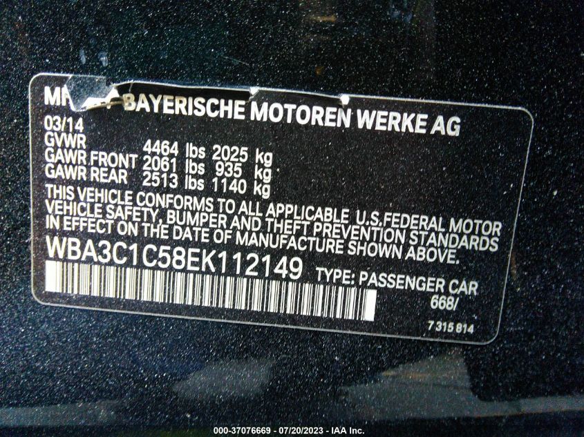 2014 BMW 3 SERIES 328I - WBA3C1C58EK112149