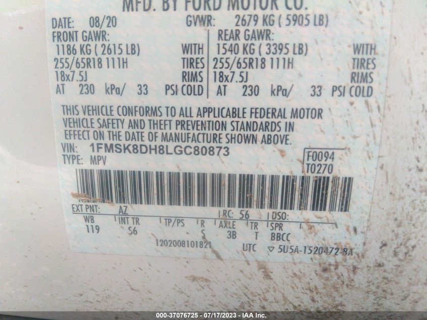 2020 FORD EXPLORER XLT - 1FMSK8DH8LGC80873