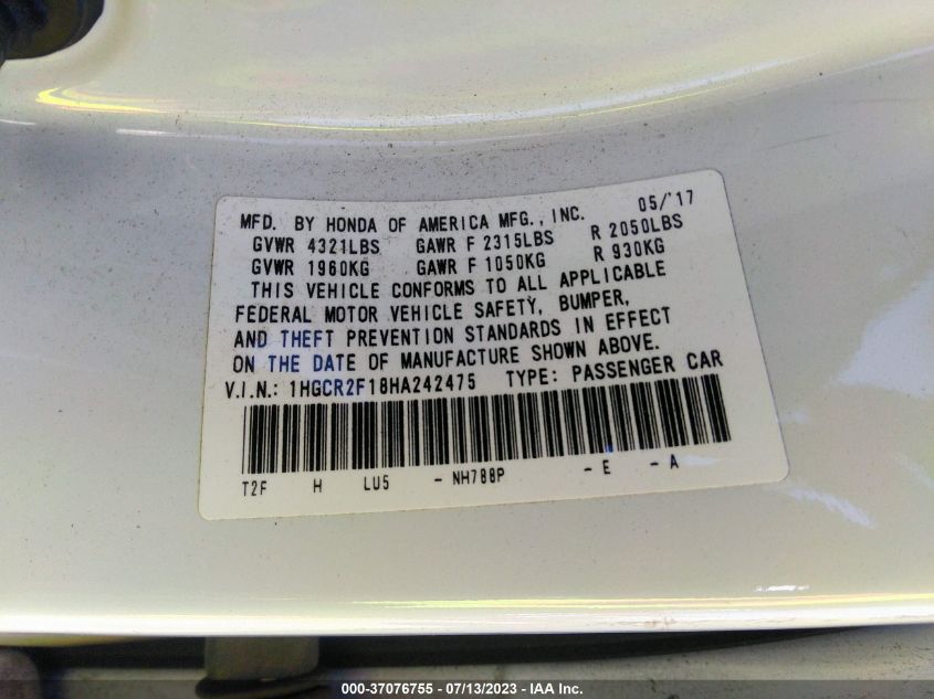 2017 HONDA ACCORD SEDAN SPORT SE - 1HGCR2F18HA242475