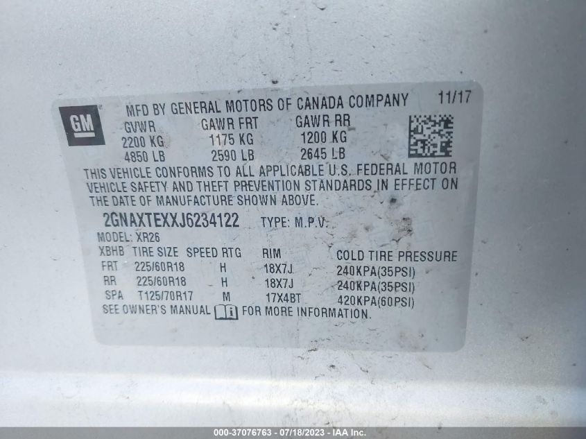 2018 CHEVROLET EQUINOX LT - 2GNAXTEXXJ6234122
