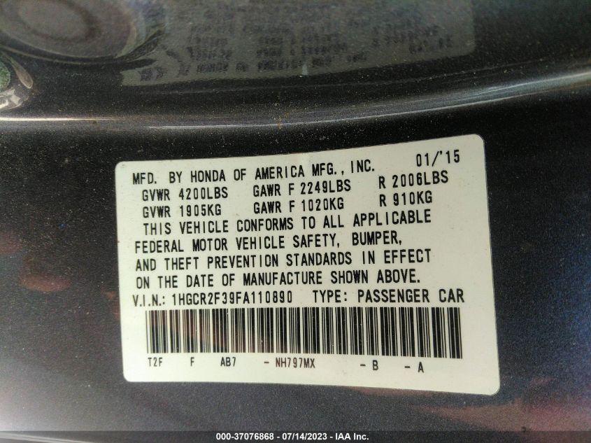 2015 HONDA ACCORD SEDAN LX - 1HGCR2F39FA110890