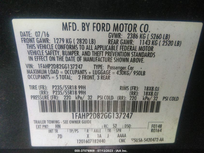 2016 FORD TAURUS SE - 1FAHP2D82GG137247