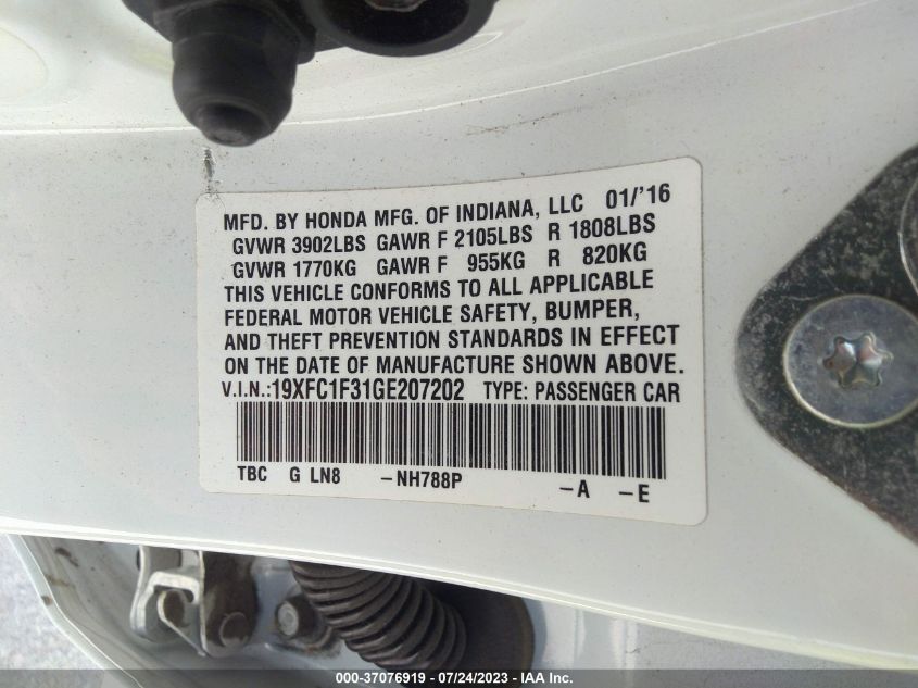 2016 HONDA CIVIC SEDAN EX-T - 19XFC1F31GE207202