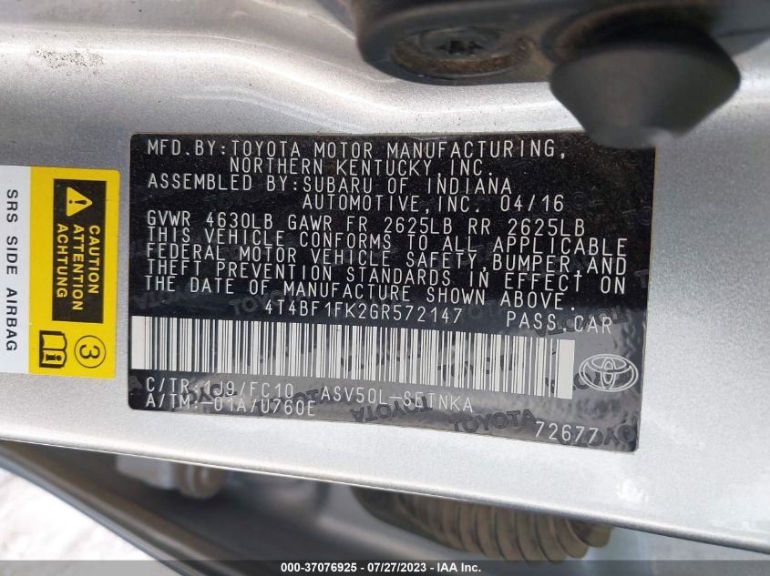 2016 TOYOTA CAMRY XLE/SE/LE/XSE - 4T4BF1FK2GR572147