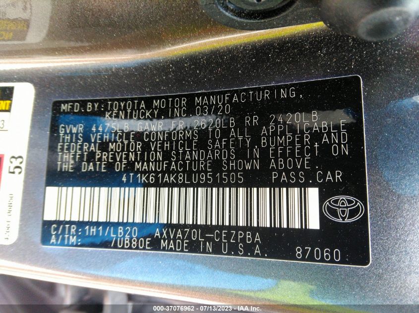 2020 TOYOTA CAMRY XSE - 4T1K61AK8LU951505