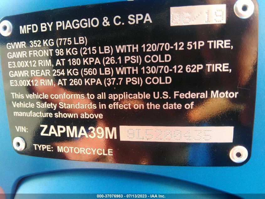 2020 VESPA GTS 300 SUPER ZAPMA39M9L5200435