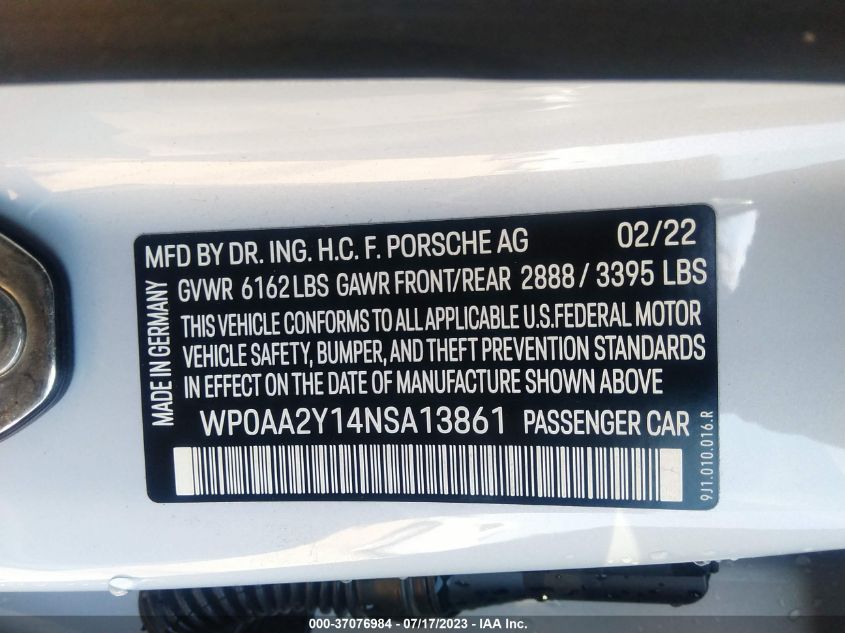 2022 PORSCHE TAYCAN - WP0AA2Y14NSA13861