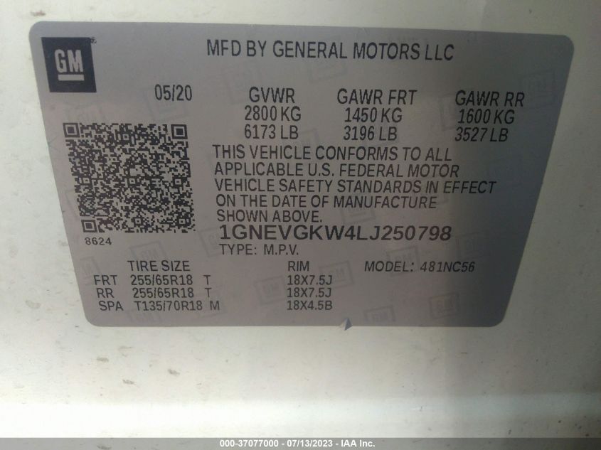 2020 CHEVROLET TRAVERSE LT CLOTH - 1GNEVGKW4LJ250798