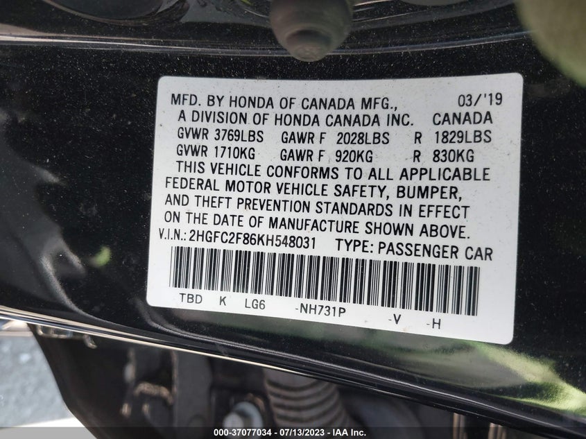 VIN 2HGFC2F86KH548031 2019 HONDA CIVIC SEDAN SPORT
