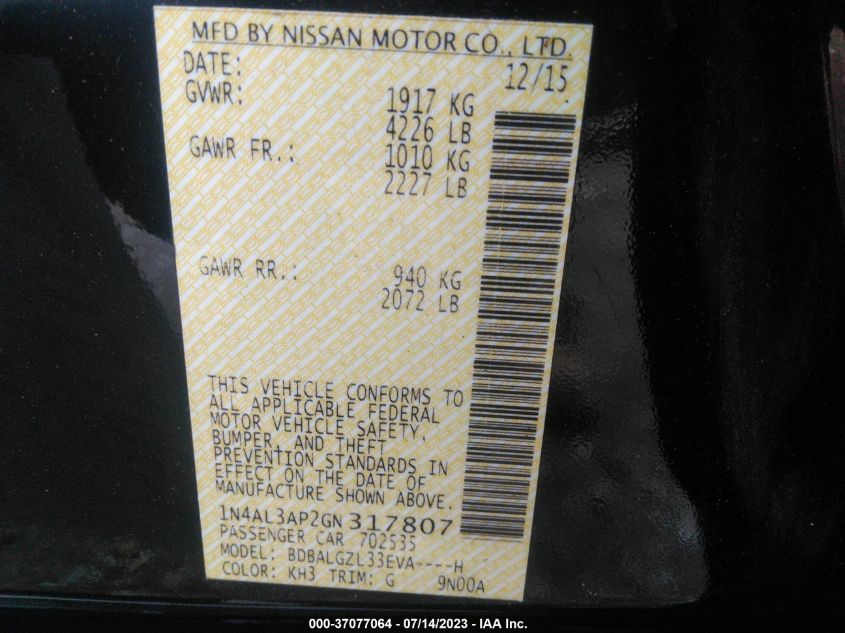 2016 NISSAN ALTIMA 2.5 S - 1N4AL3AP2GN317807
