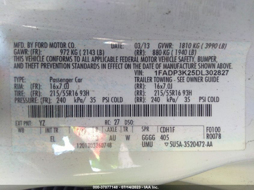 2013 FORD FOCUS SE - 1FADP3K25DL302827