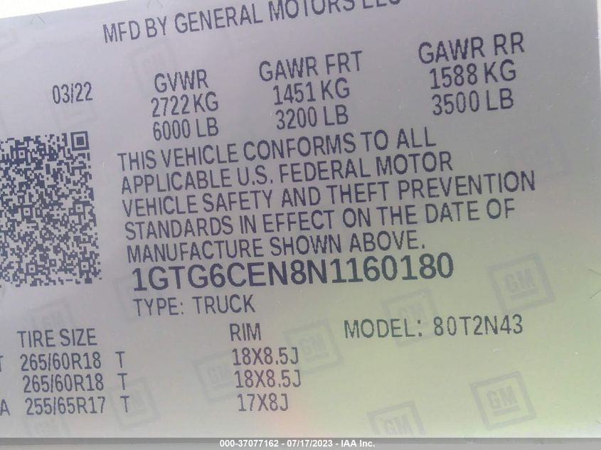 2022 GMC CANYON 4WD ELEVATION - 1GTG6CEN8N1160180