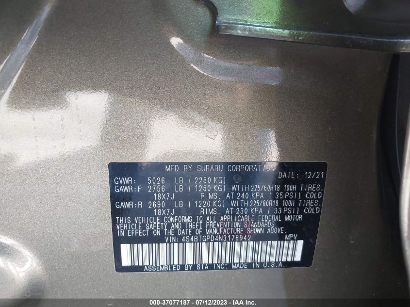 2022 SUBARU OUTBACK TOURING XT - 4S4BTGPD4N3176942