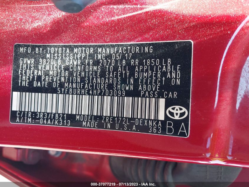 2017 TOYOTA COROLLA L/LE/XLE/SE - 5YFBURHE4HP703099