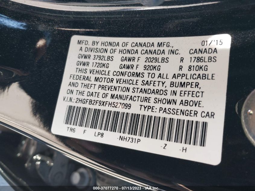 2015 HONDA CIVIC SEDAN EX-L - 2HGFB2F9XFH527099