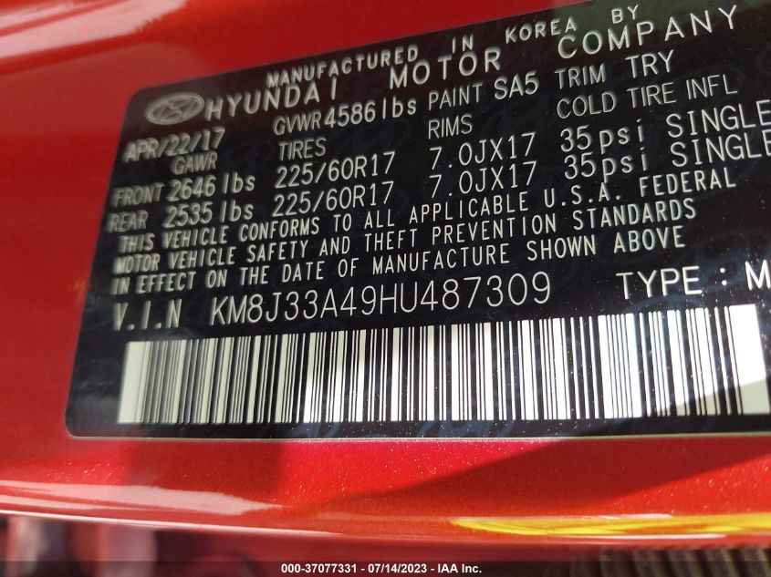 2017 HYUNDAI TUCSON SE - KM8J33A49HU487309