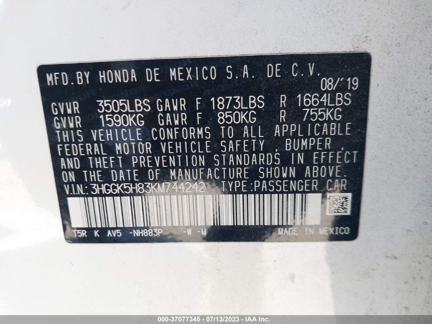 2019 HONDA FIT EX - 3HGGK5H83KM744242