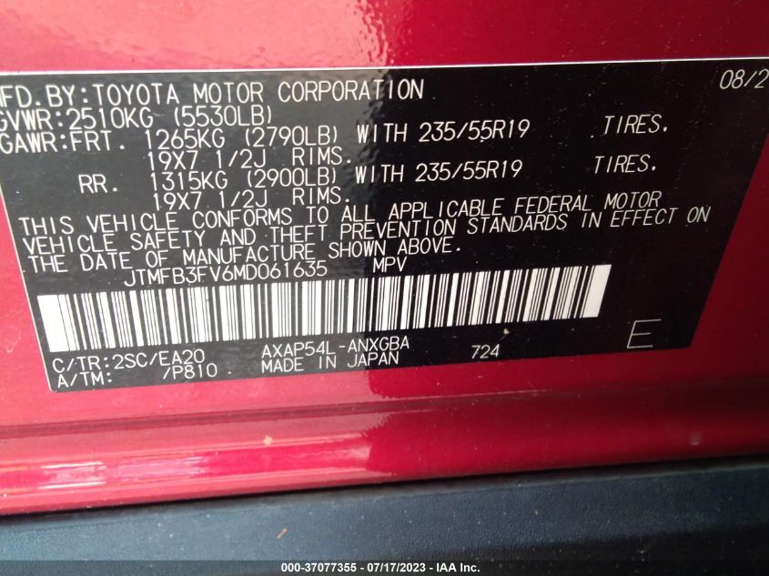 2021 TOYOTA RAV4 PRIME XSE JTMFB3FV6MD061635