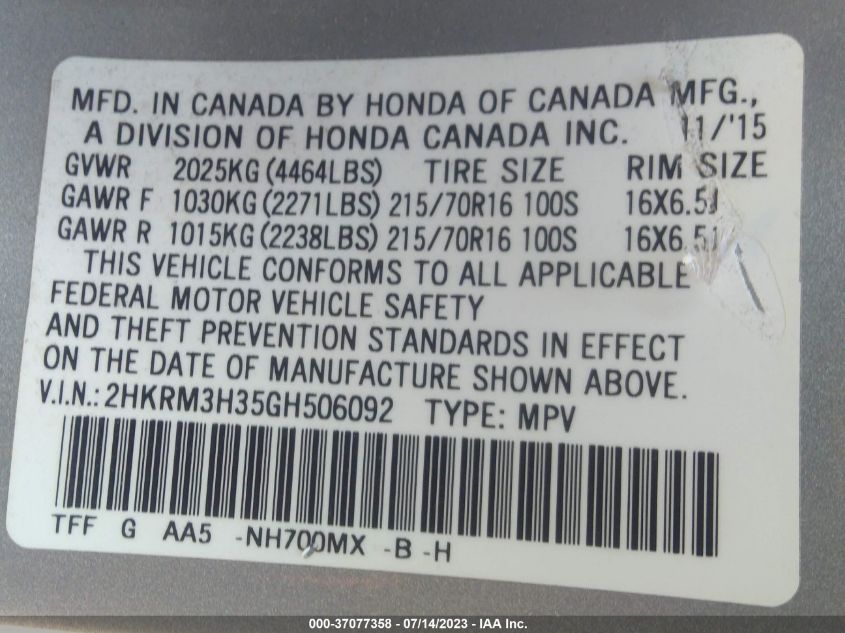 2016 HONDA CR-V LX - 2HKRM3H35GH506092
