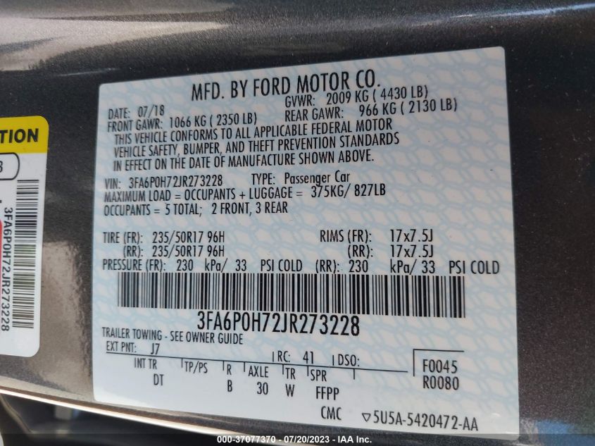 3FA6P0H72JR273228 2018 FORD FUSION, photo no. 9