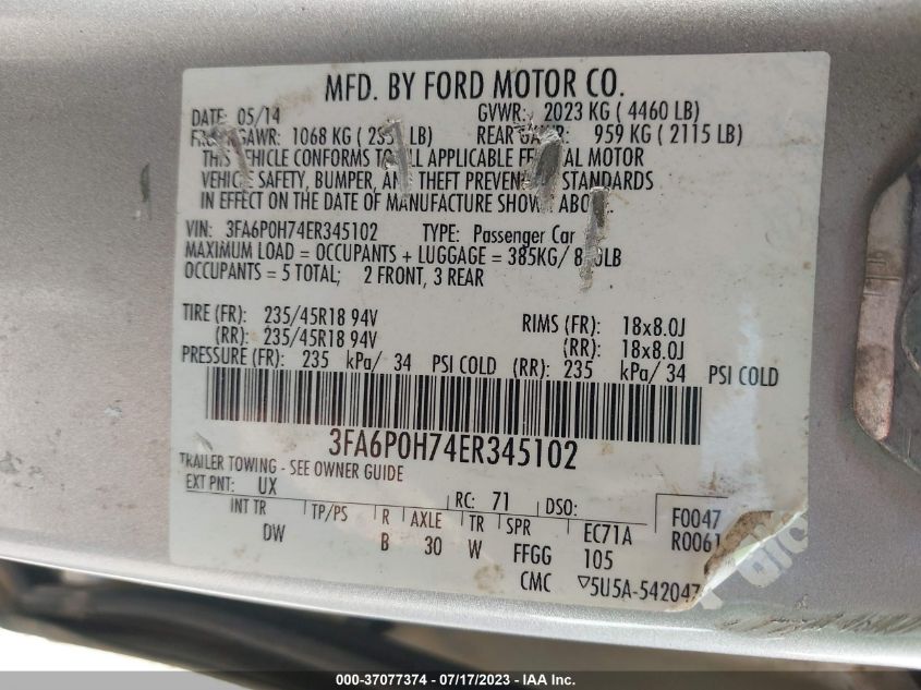 2014 FORD FUSION SE - 3FA6P0H74ER345102