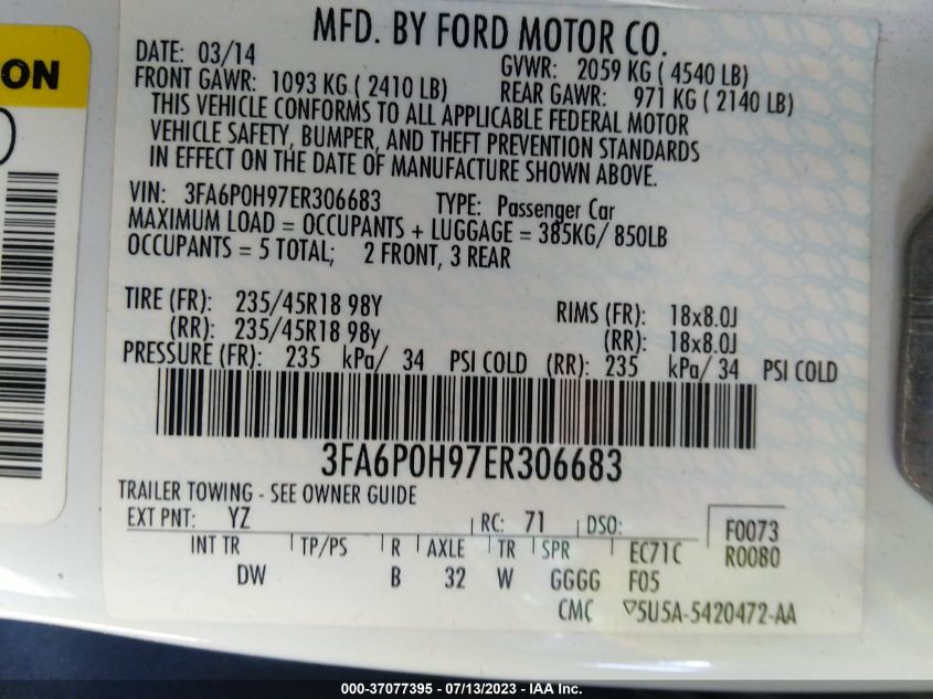2014 FORD FUSION SE - 3FA6P0H97ER306683
