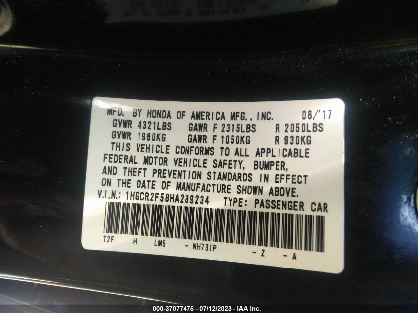 2017 HONDA ACCORD SEDAN SPORT - 1HGCR2F58HA289234