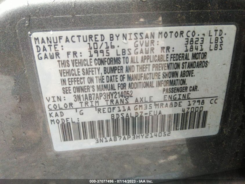 2017 NISSAN SENTRA SV - 3N1AB7AP3HY214052