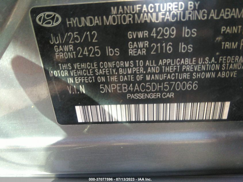 2013 HYUNDAI SONATA GLS - 5NPEB4AC5DH570066