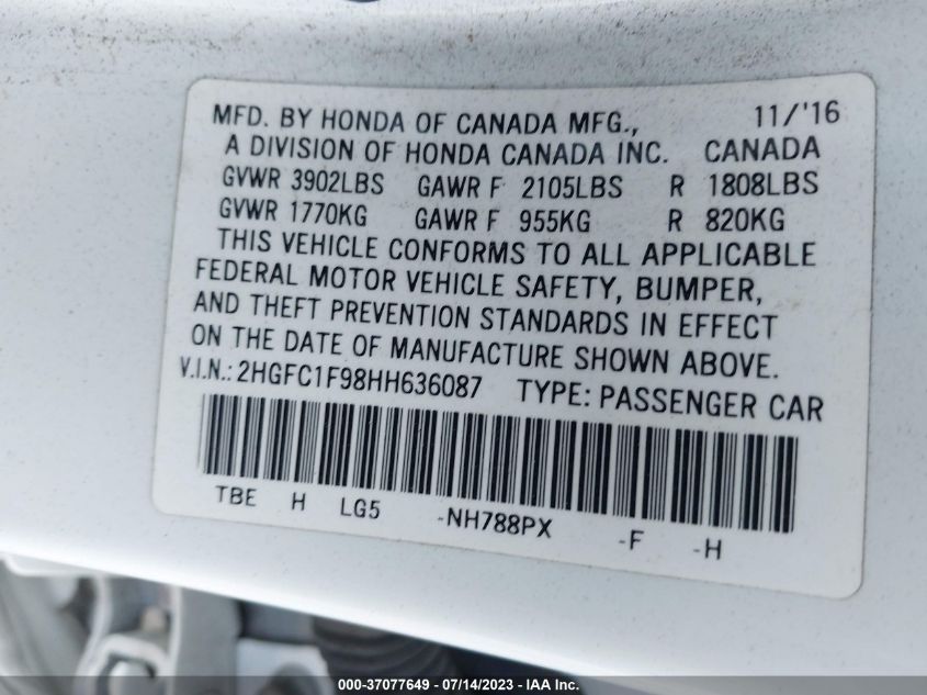 2017 HONDA CIVIC SEDAN TOURING - 2HGFC1F98HH636087