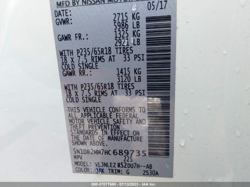 2017 NISSAN PATHFINDER SV - 5N1DR2MM7HC689735