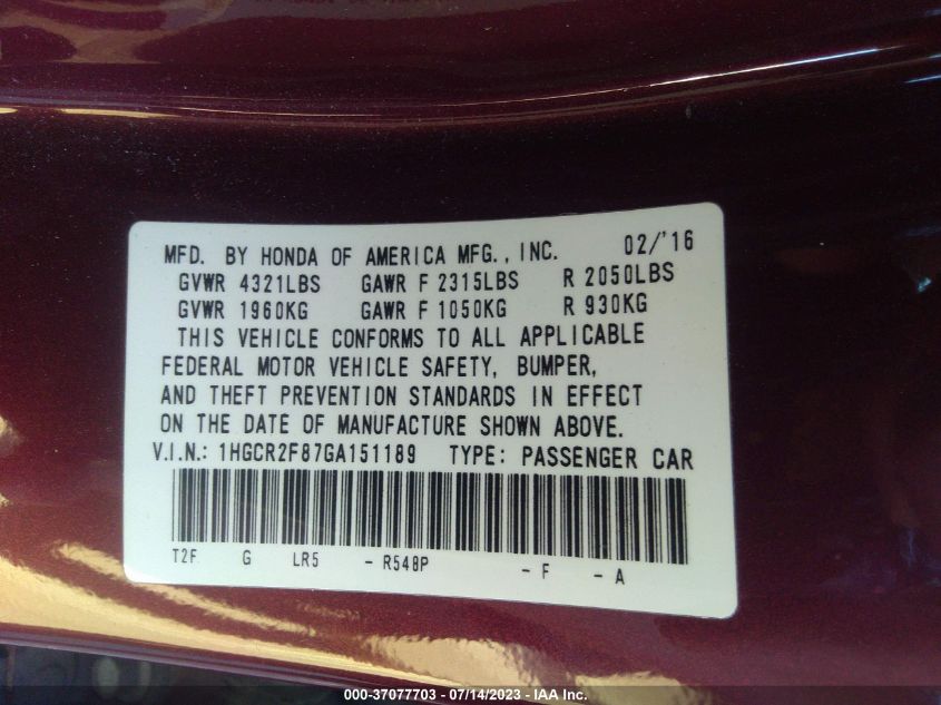 2016 HONDA ACCORD SEDAN EX-L - 1HGCR2F87GA151189
