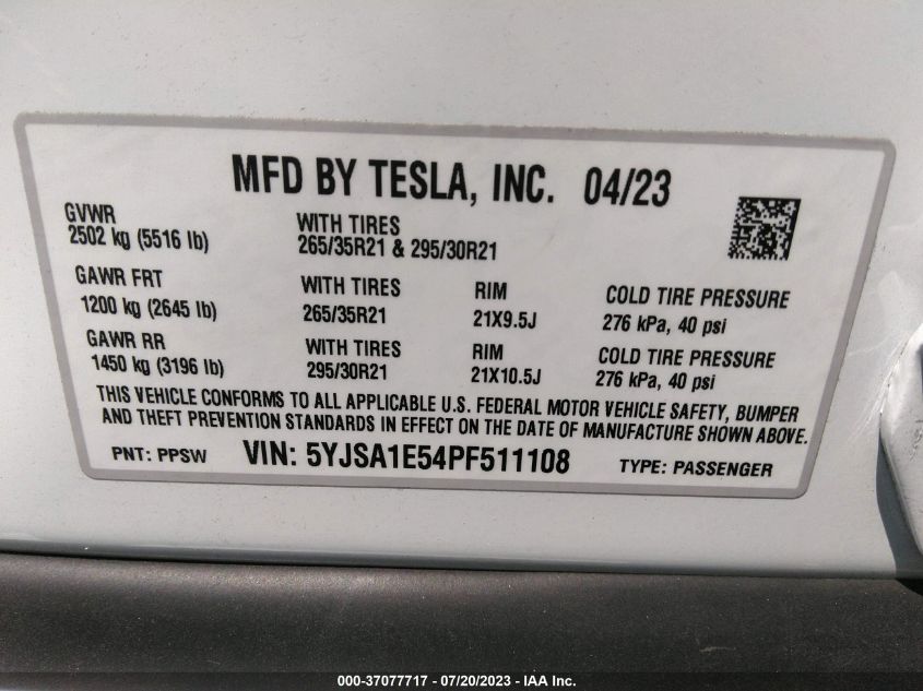 2023 TESLA MODEL S - 5YJSA1E54PF511108
