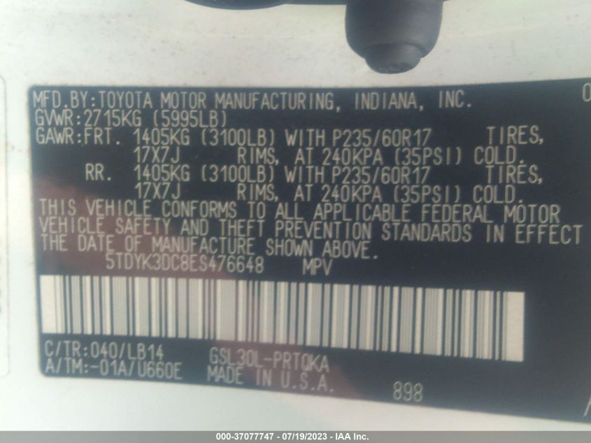 2014 TOYOTA SIENNA XLE/LIMITED - 5TDYK3DC8ES476648