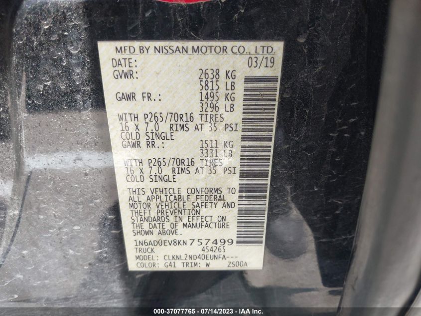2019 NISSAN FRONTIER SV - 1N6AD0EV8KN757499