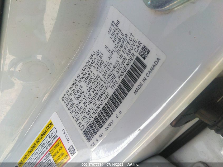 2022 HONDA CIVIC SI 2HGFE1E50NH473455