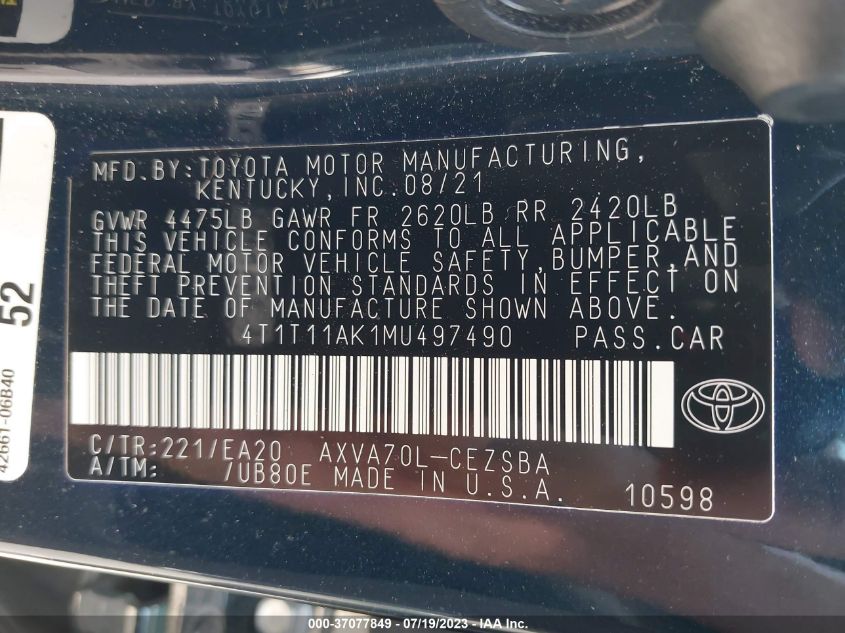 2021 TOYOTA CAMRY SE - 4T1T11AK1MU497490