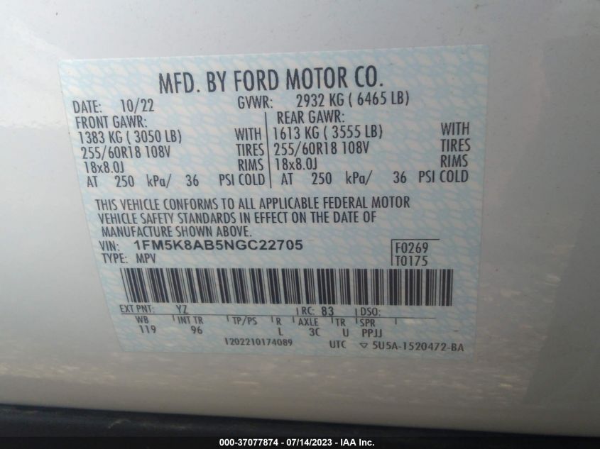 2022 FORD POLICE INTERCEPTOR 1FM5K8AB5NGC22705