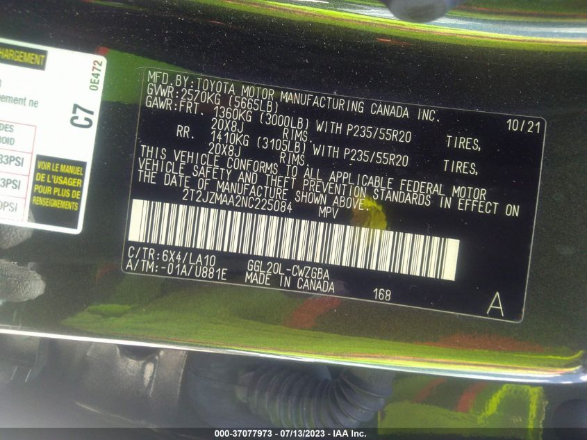 2022 LEXUS RX RX 350 - 2T2JZMAA2NC225084