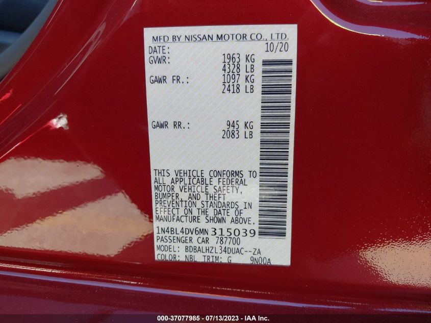 2021 NISSAN ALTIMA 2.5 SV - 1N4BL4DV6MN315039