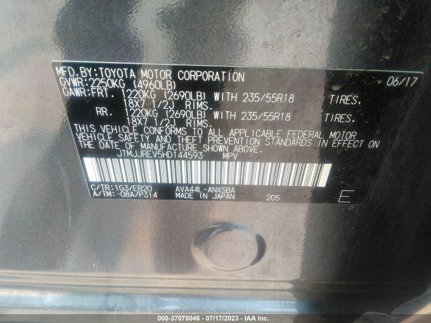 2017 TOYOTA RAV4 HYBRID SE JTMJJREV5HD144593